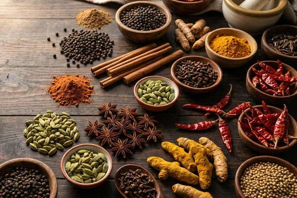 Whole spices arranged on a wooden surface