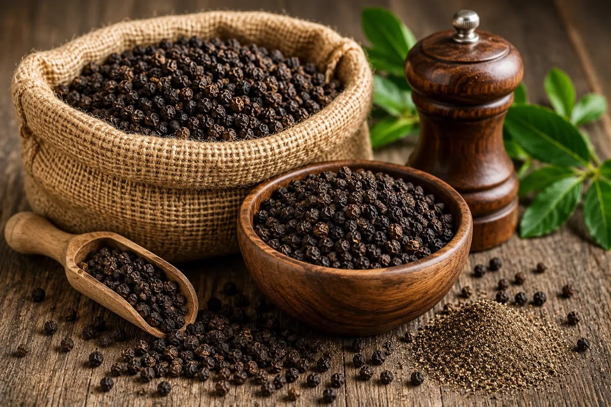 Whole black peppercorns