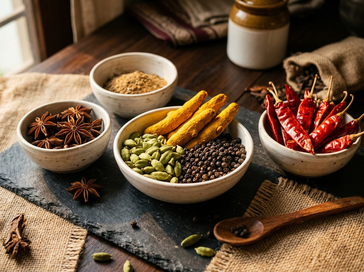 Assorted whole spices arranged for grade and quality review